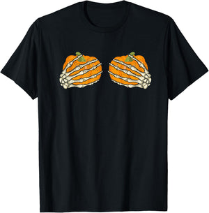 Skeleton Pumpkin Boob Hand Funny Halloween Skeletal Boobs T-Shirt - T-Shirt | Black