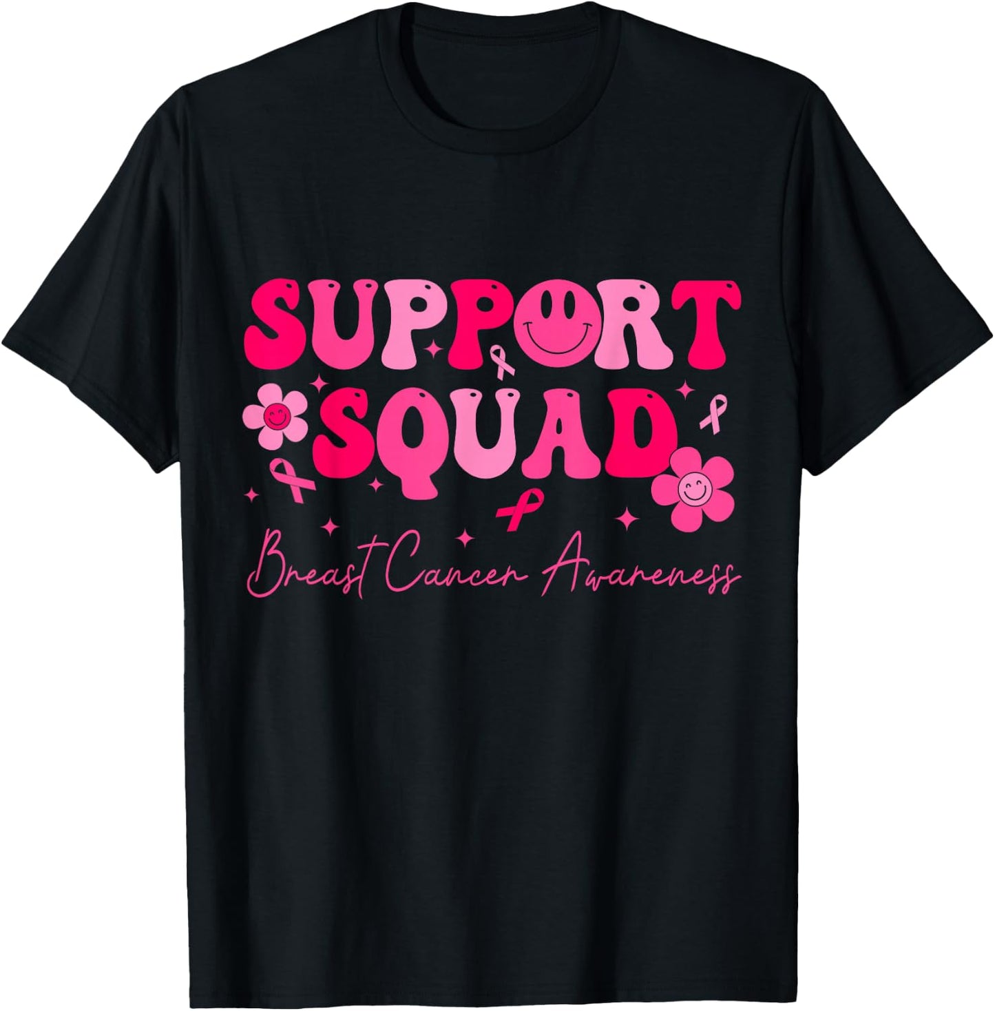 Retro Groovy Support Squad Breast Cancer Awareness T-Shirt - T-Shirt | Black