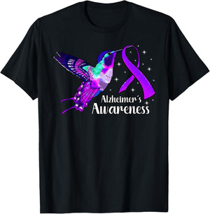 Alzheimer's Disease AD Hummingbird Purple Awareness Ribbon T-Shirt - T-Shirt | Black