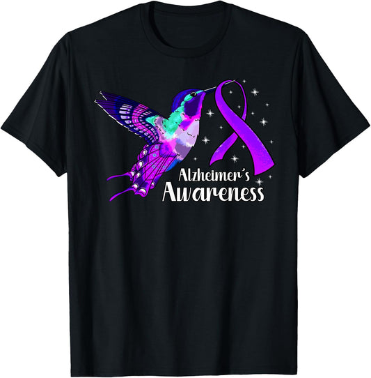 Alzheimer's Disease AD Hummingbird Purple Awareness Ribbon T-Shirt - T-Shirt | Black