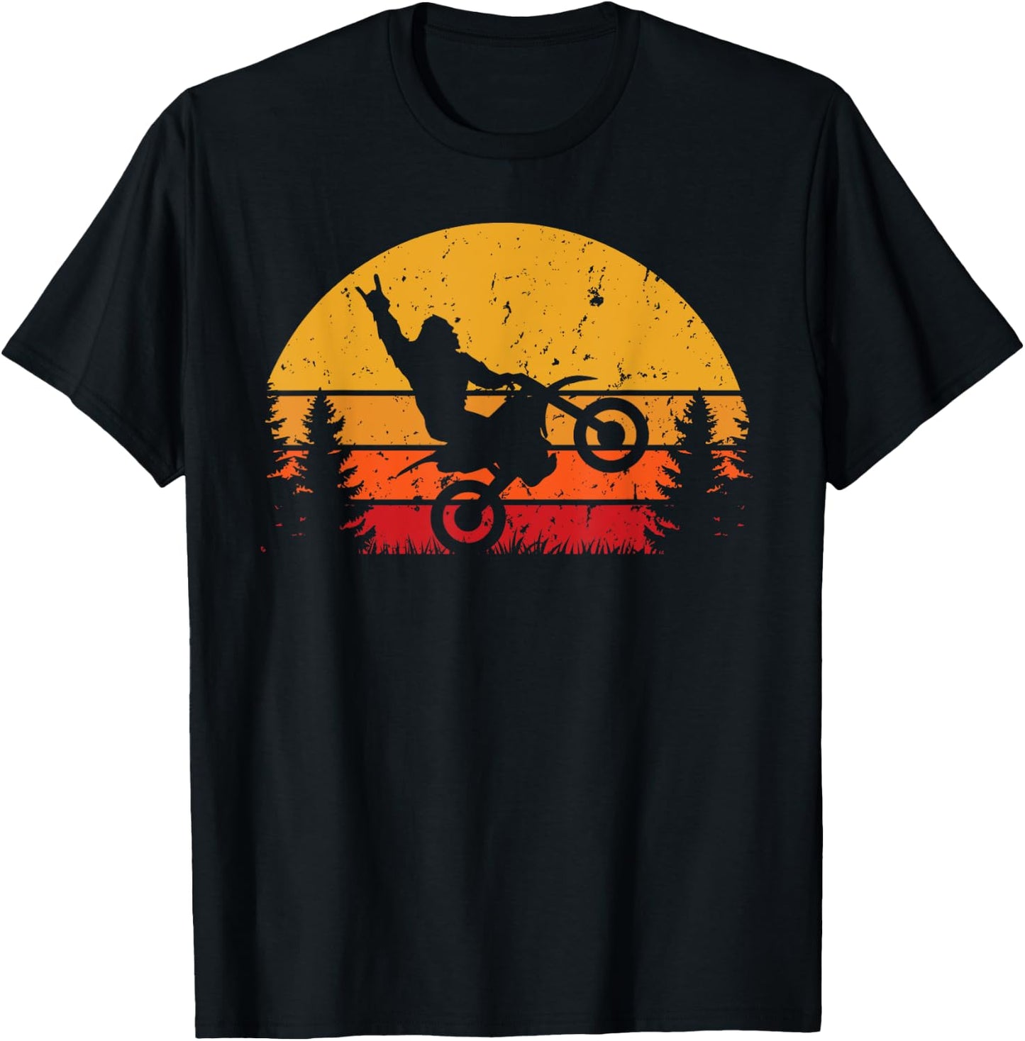 Funny Bigfoot Sasquatch Retro Sunset Riding Dirt Bike T-Shirt - T-Shirt | Black