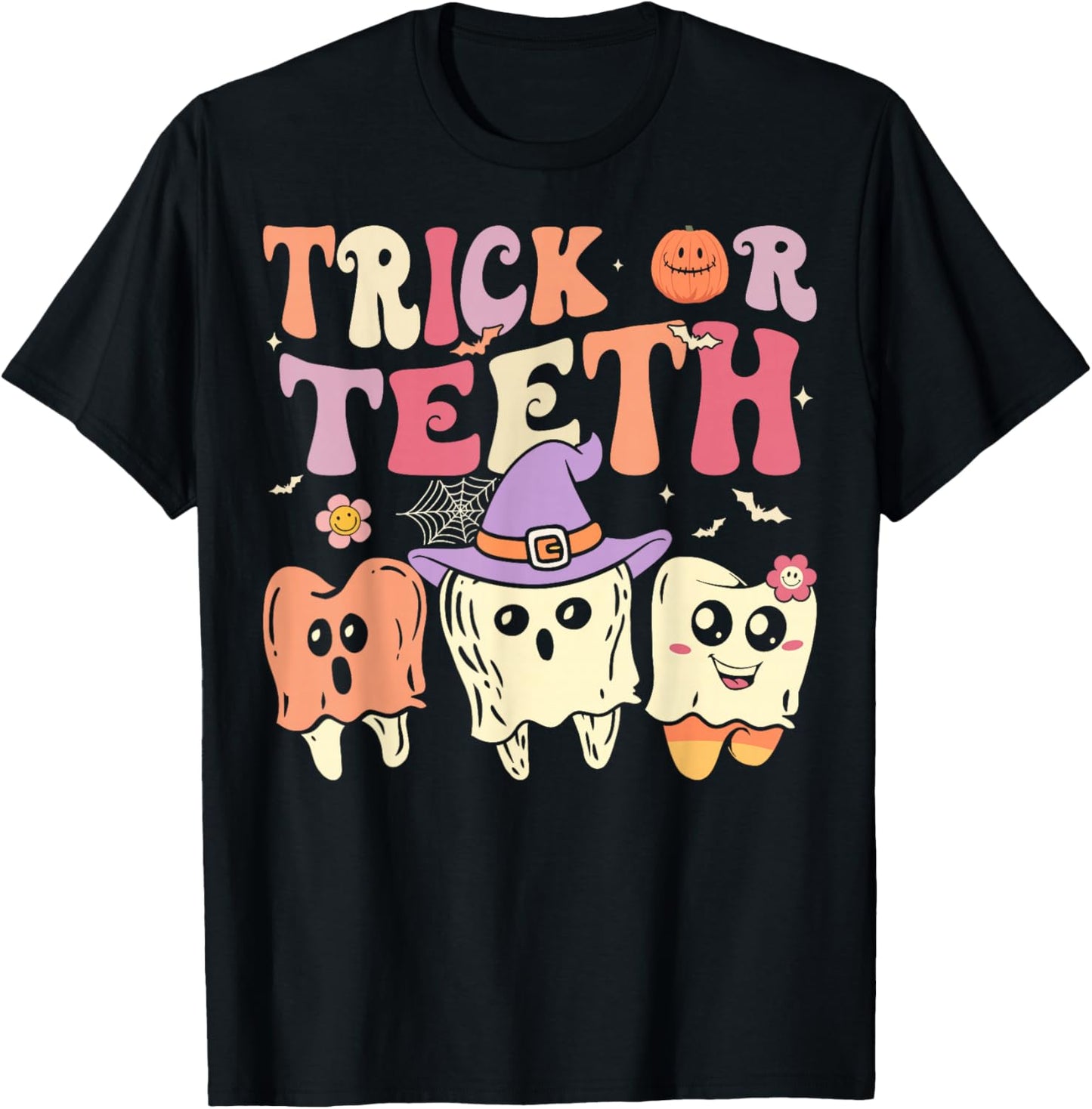 Groovy Dental Halloween Retro Trick or Teeth Floral Ghost T-Shirt - T-Shirt | Black