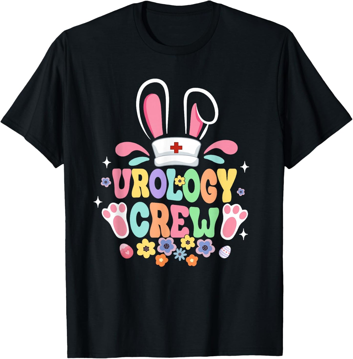Groovy Urology Crew Urology Nurse Bunny Ear Flower Easter T-Shirt - T-Shirt | Black