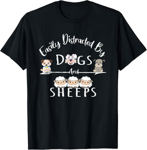 Easily Distracted By Dogs And Sheeps Funny Animal Lover T-Shirt - T-Shirt | Black