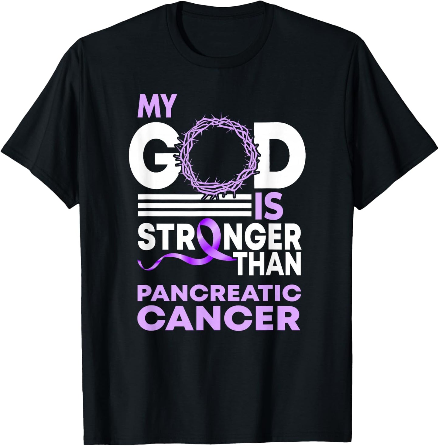 My God Is Stronger Than Pancreatic Cancer Awareness Ribbon T-Shirt - T-Shirt | Black