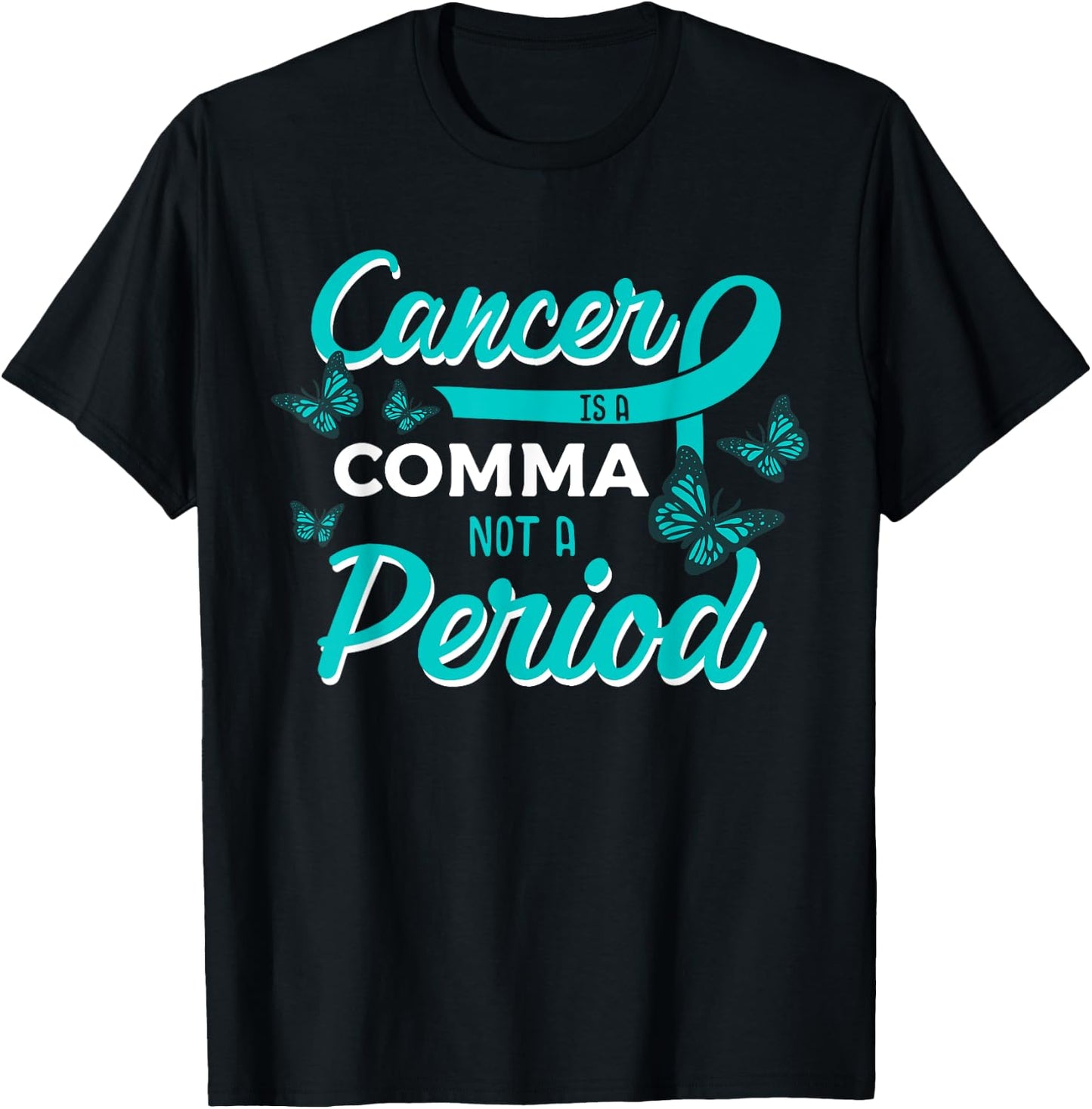 Ovarian Cancer Butterfly Teal Ribbon Gynecology Carcinoma T-Shirt - T-Shirt | Black