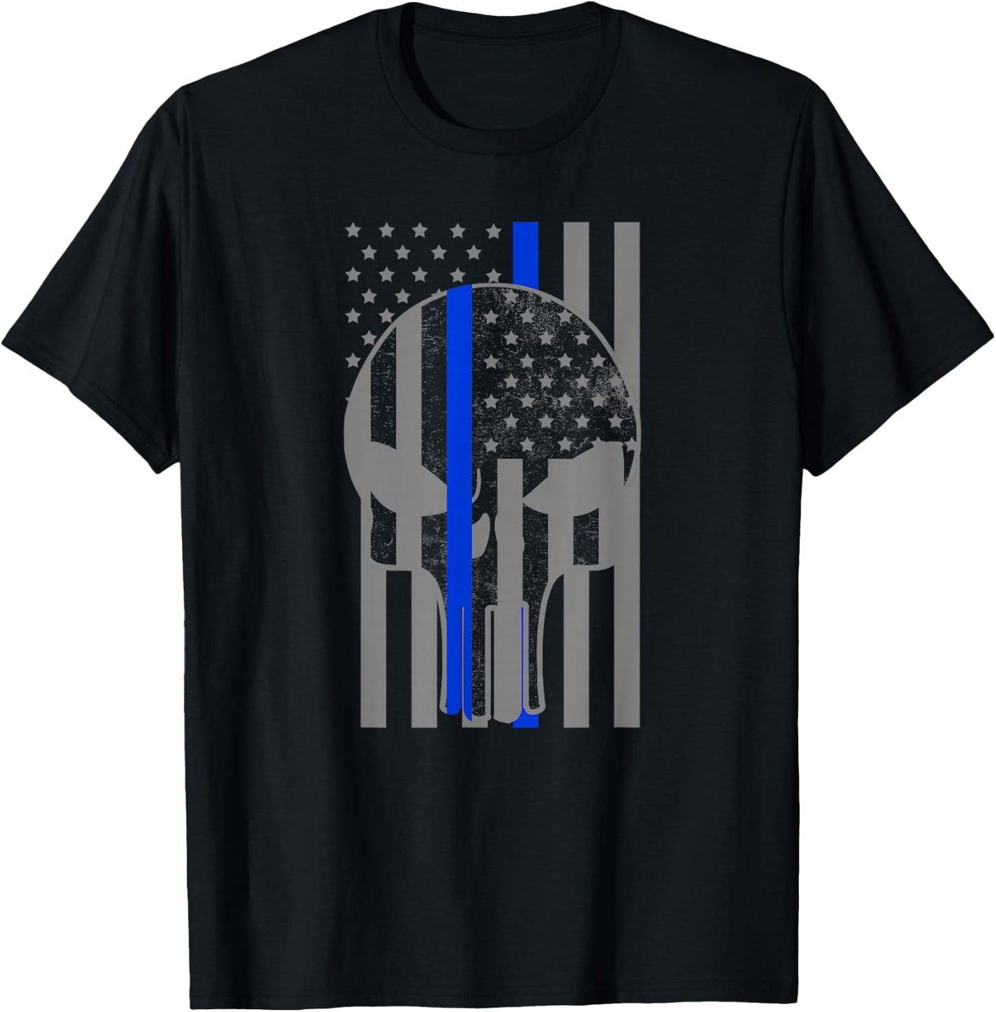 Grey American Flag Skull Thin Blue Line Police Officer Gift T-Shirt - T-Shirt | Black