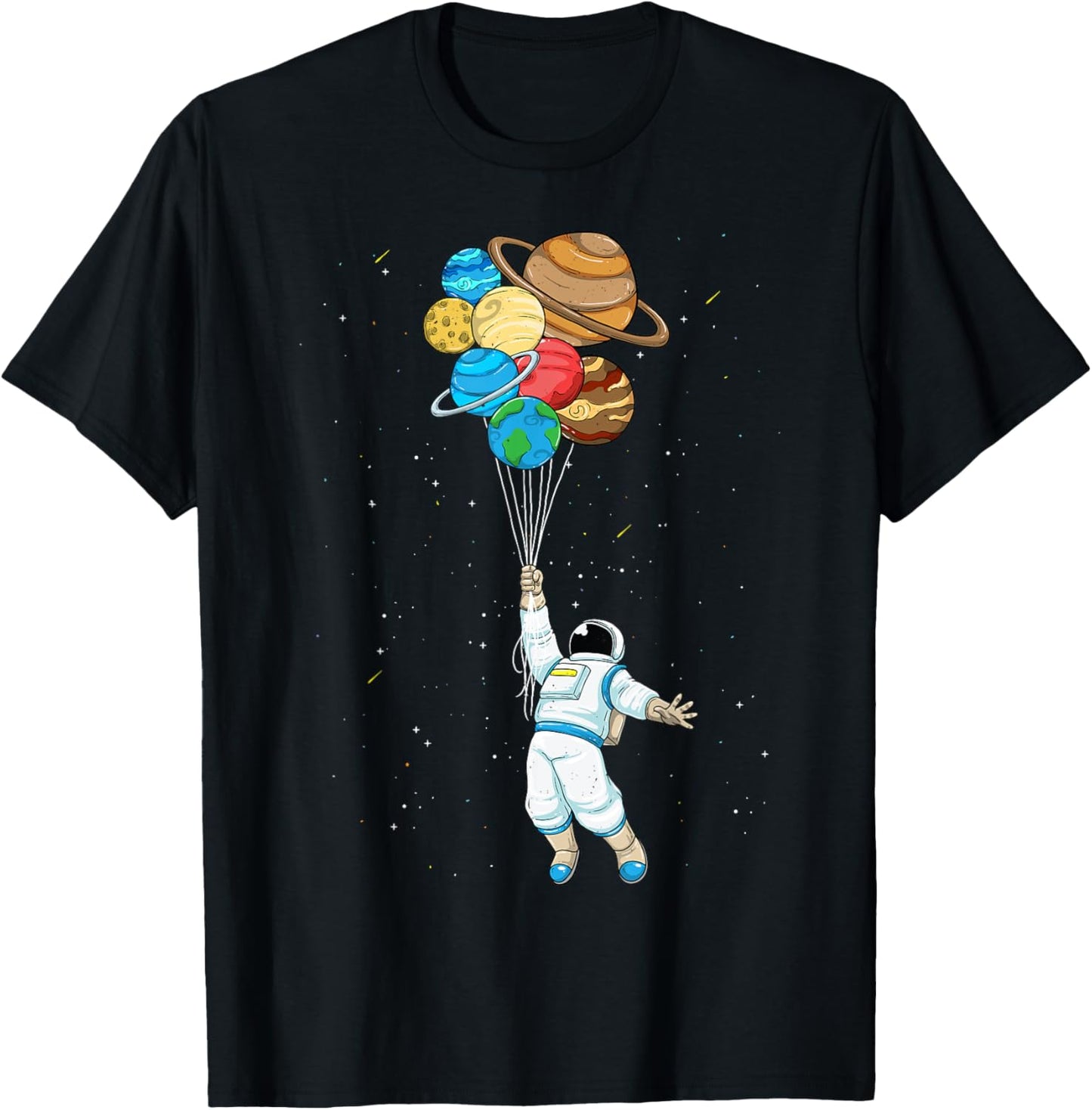 Space Shirt Astronaut Holding Planet Balloons Solar System T-Shirt - T-Shirt | Black
