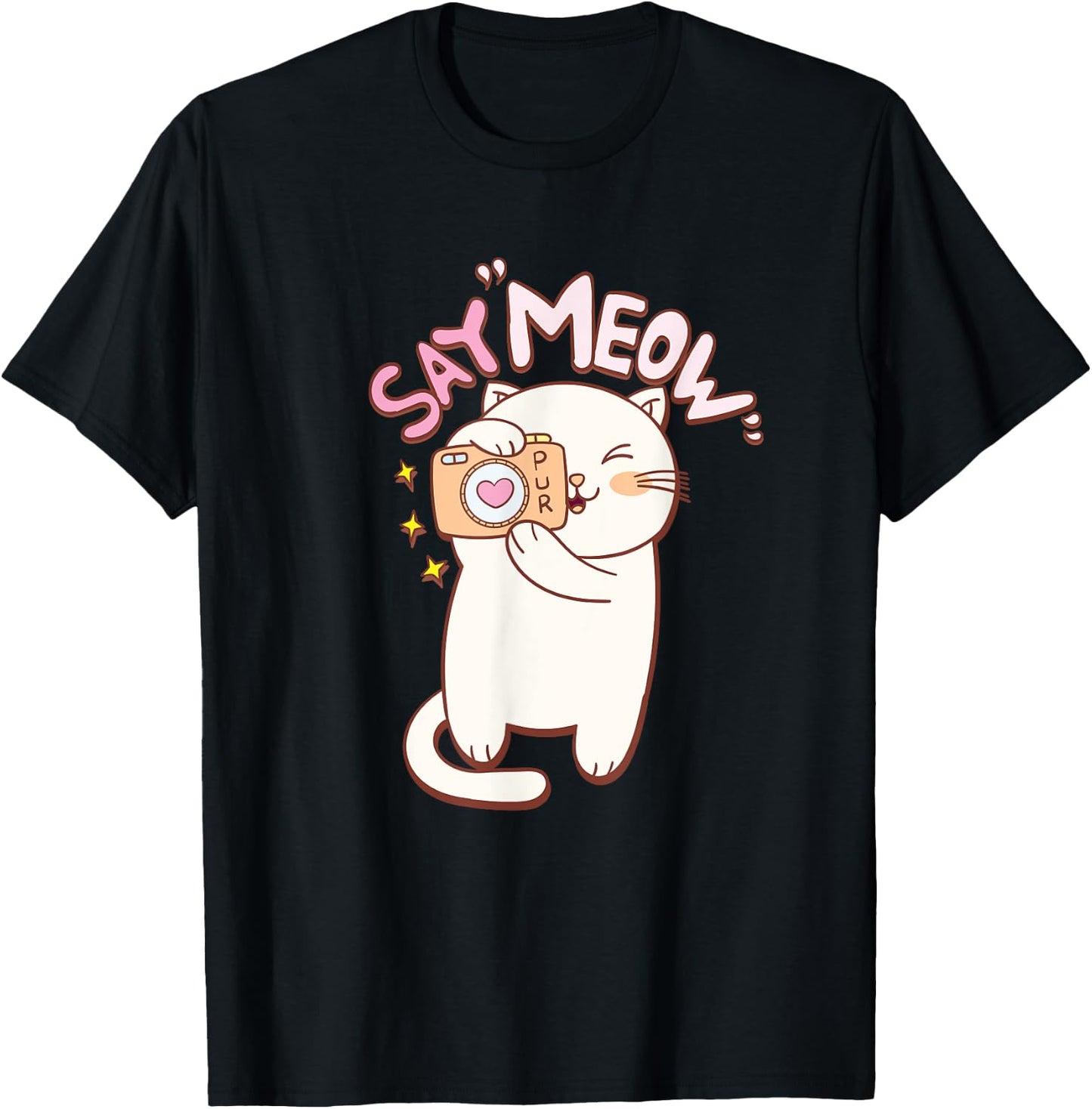 Cute Cat with Camera Saying Meow T-Shirt - T-Shirt | Black