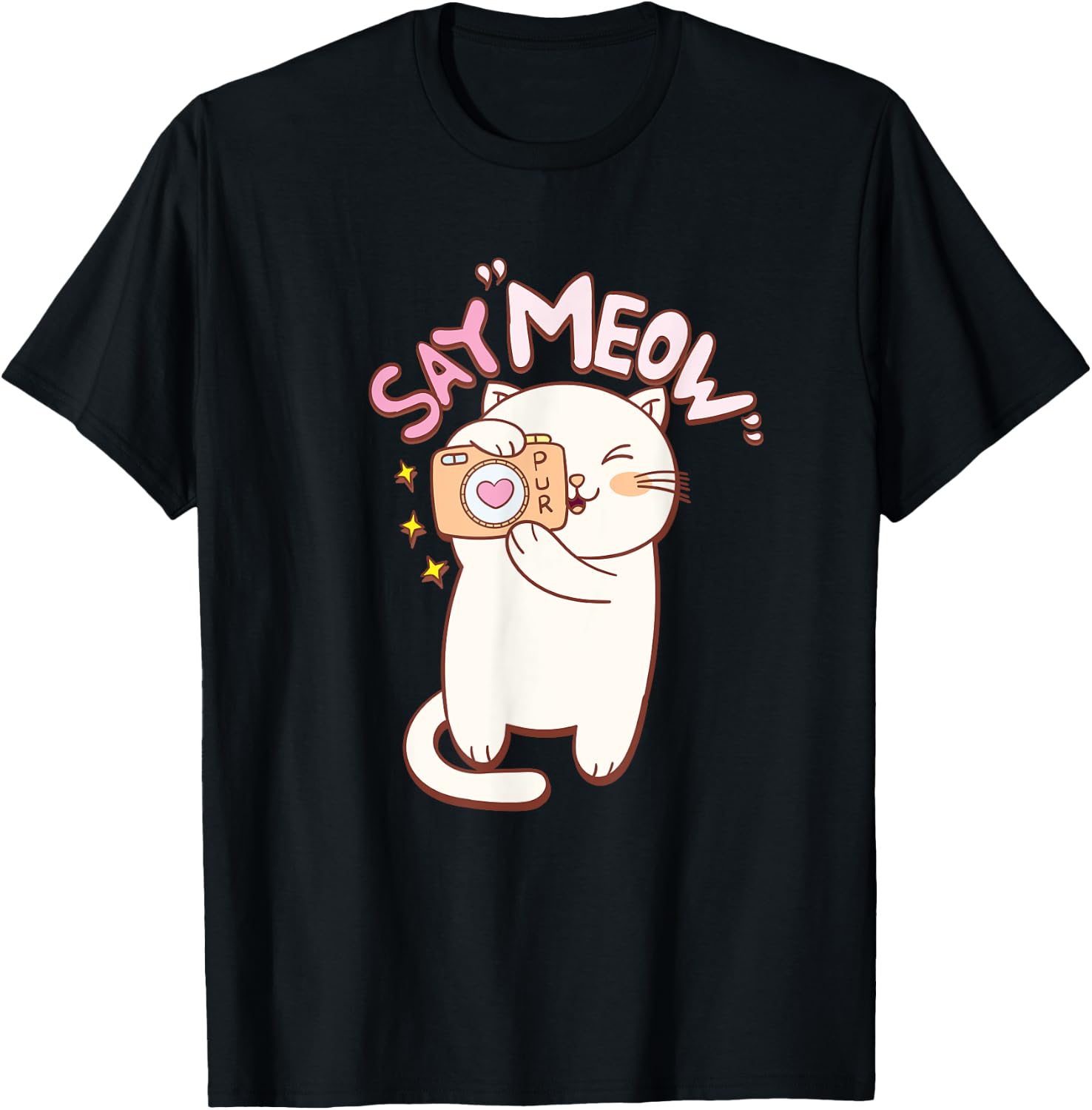 Cute Cat with Camera Saying Meow T-Shirt - T-Shirt | Black