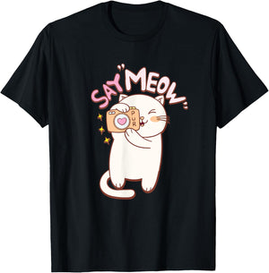 Cute Cat with Camera Saying Meow T-Shirt - T-Shirt | Black