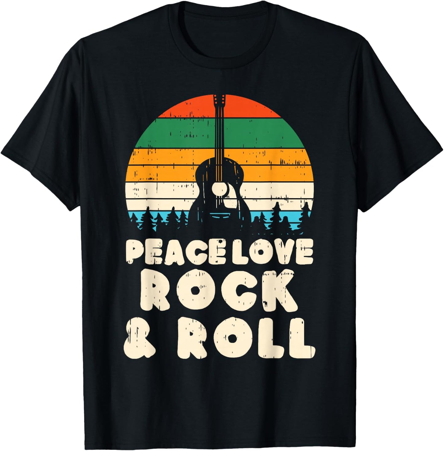 Peace Love Rock N Roll Guitar Retro 80s Hippie Hippi Hippy T-Shirt - T-Shirt | Black