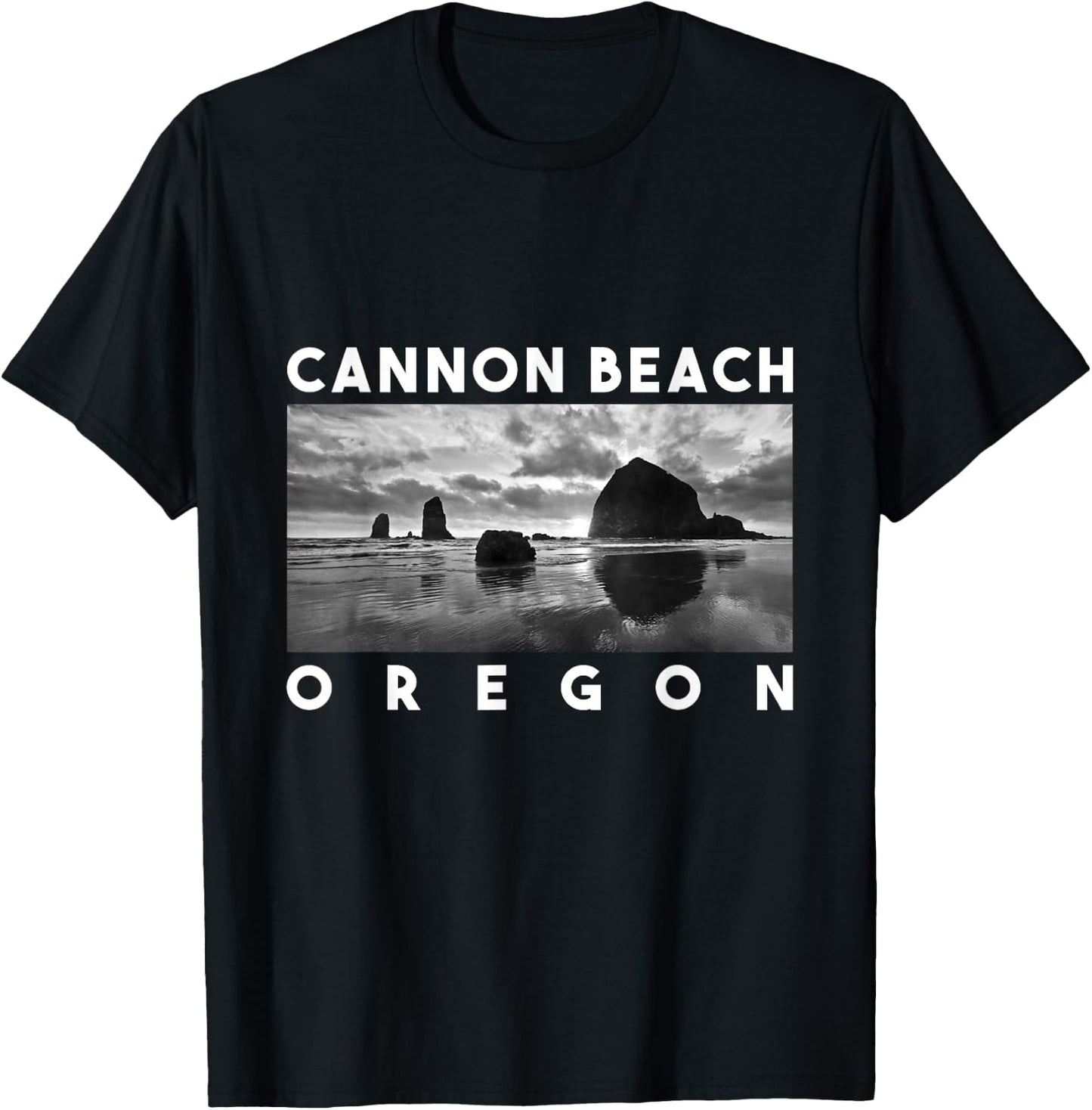 Oregon Cannon Beach Skyline Haystack Rock Travel Souvenir T-Shirt - T-Shirt | Black