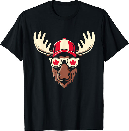 Canada Day Canadian Flag Maple Leaf Moose Sunglasses T-Shirt - T-Shirt | Black