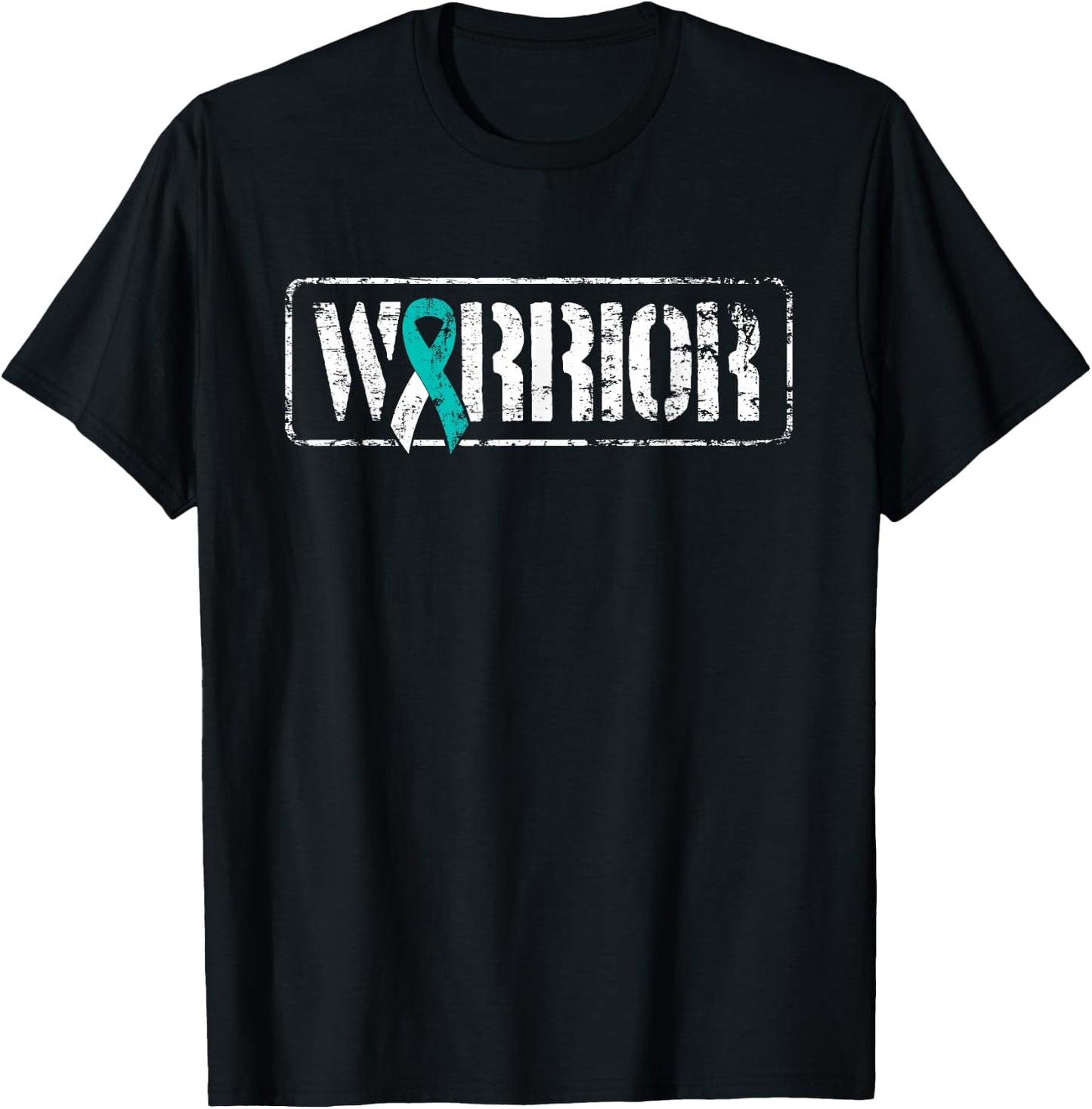 Cervical Cancer Warrior - Teal White Military-Style Ribbon T-Shirt - T-Shirt | Black