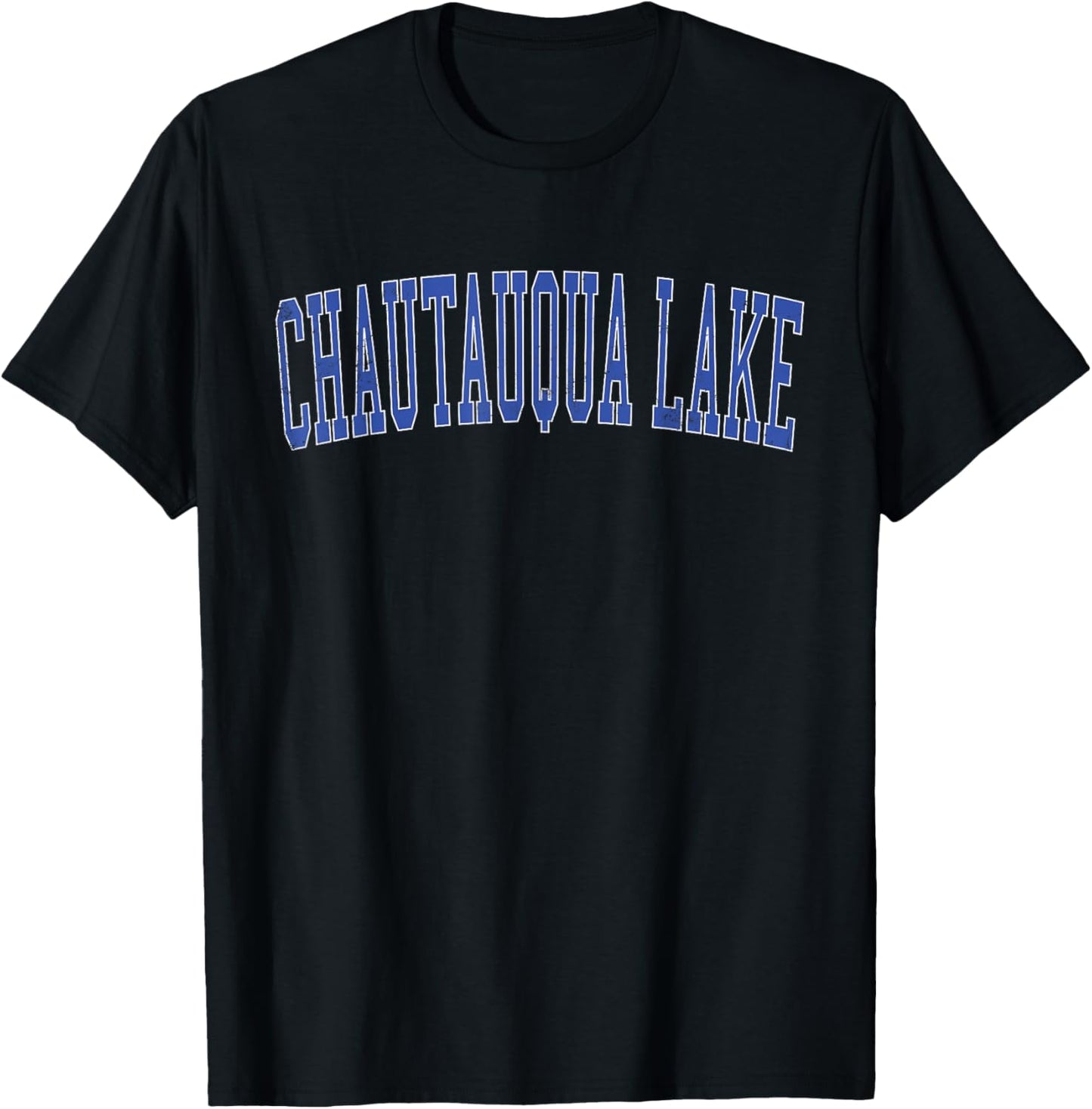 Vintage Chautauqua Lake Distressed Blue Varsity Style T-Shirt - T-Shirt | Black