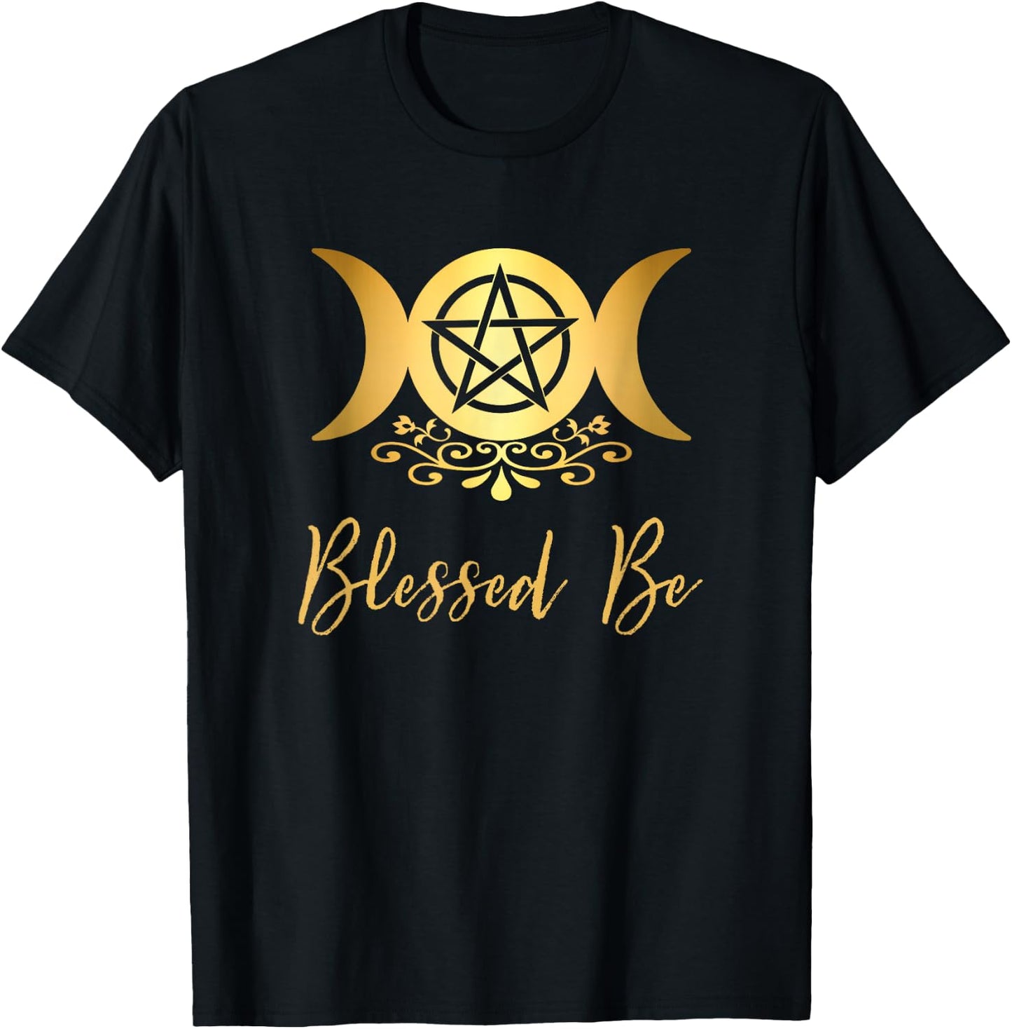 Blessed Be Wiccan Pagan Triple Moon Goddess and Pentacle T-Shirt - T-Shirt | Black