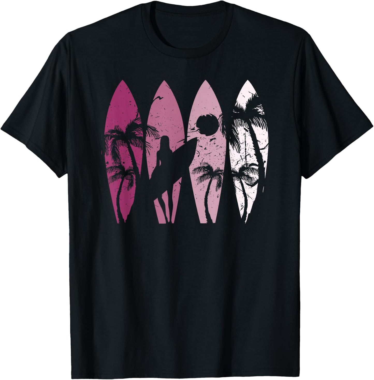 Surfing Surfer Palm Tree Surfboard Sunset Surfer Girl T-Shirt - T-Shirt | Black