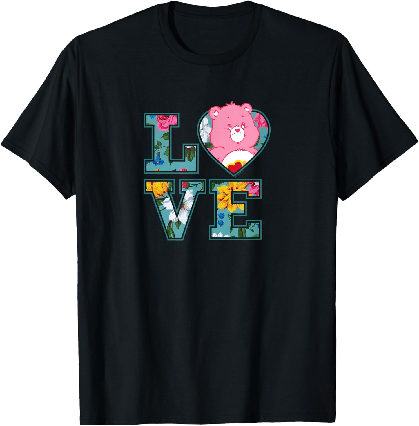 Care Bears Love Floral Block Letters Cute Cartoon T-Shirt - T-Shirt | Black
