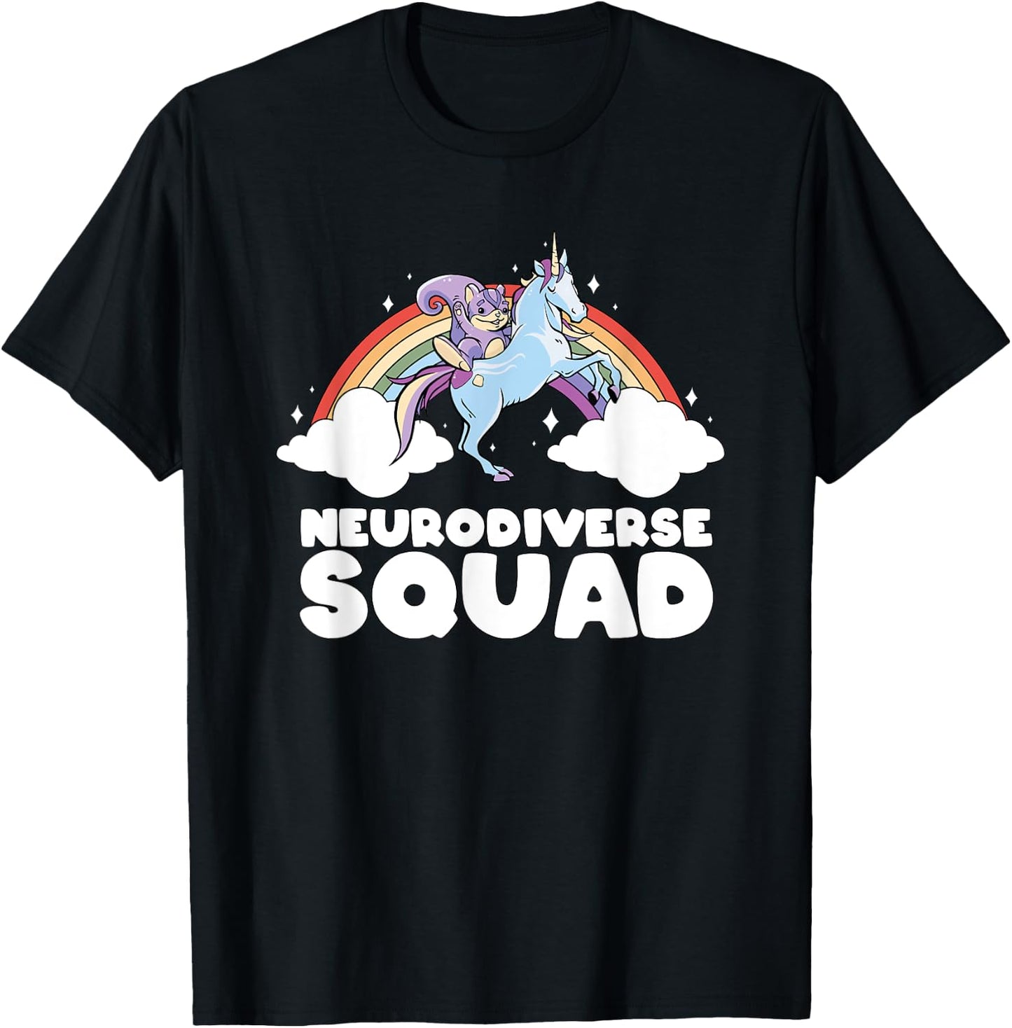 Neurodiverse Squad ADHD Squirrel Unicorn Rainbow Autism T-Shirt - T-Shirt | Black