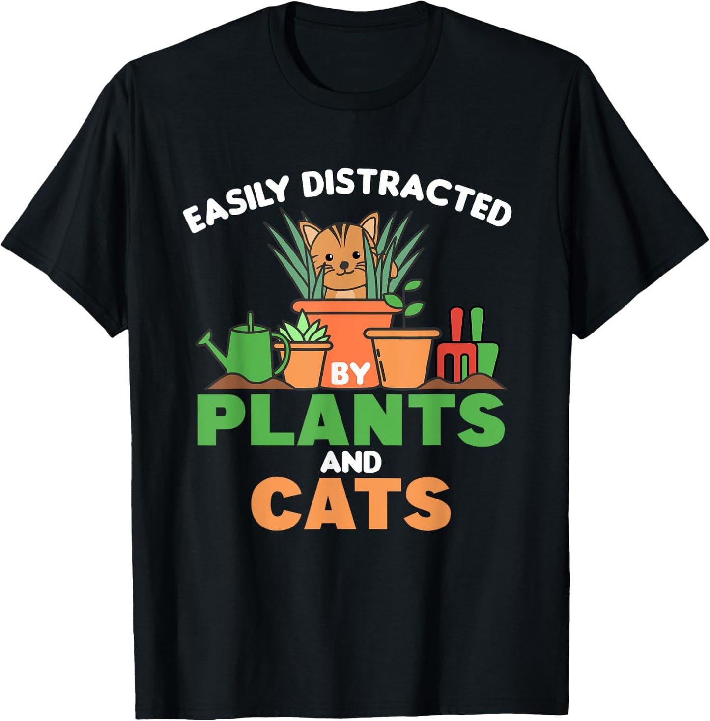 Easily Distracted By Plants And Cats Cute Cat With Flowers Men Women Kids T-Shirt - T-Shirt | Black