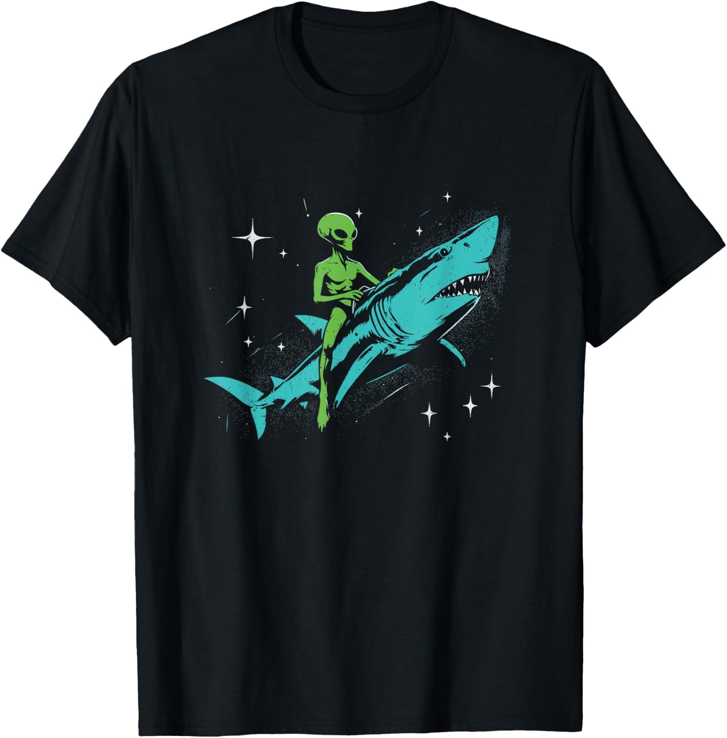 Alien Riding A Shark - Funny Graphic Alien UFO Space Lover T-Shirt - T-Shirt | Black