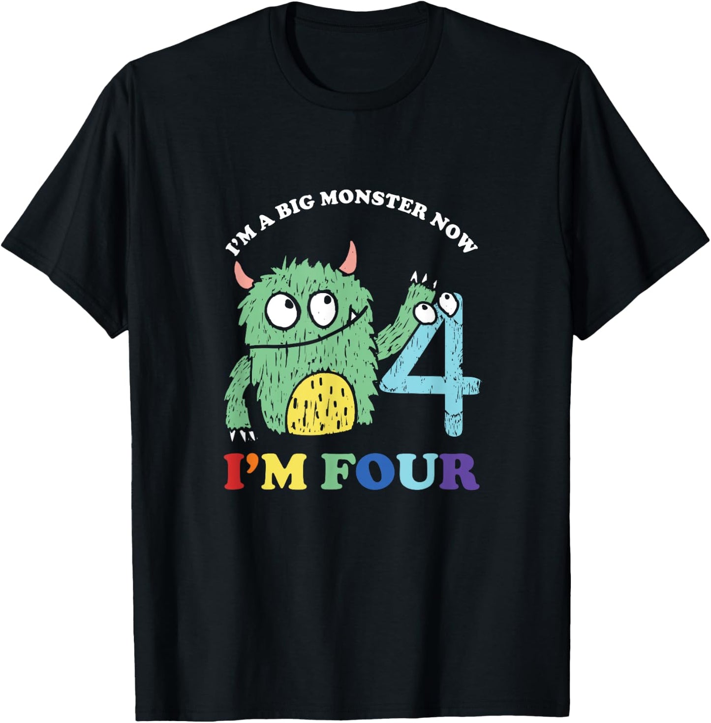 Happy 4th Bday Four 4 Years Old Kids Monster Birthday Party T-Shirt - T-Shirt | Black