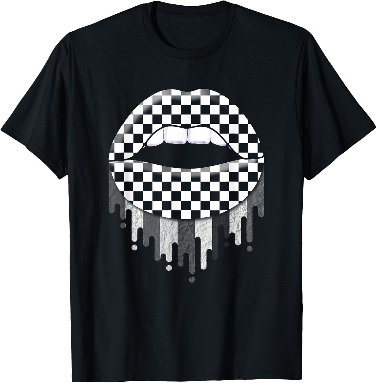 Checkered Black White Lip Cute Checkerboard T-Shirt - T-Shirt | Black