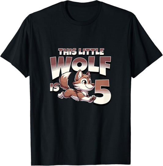 Kids This Little Wolf Is 5 Year Old 5th Birthday Boy Girl T-Shirt - T-Shirt | Black