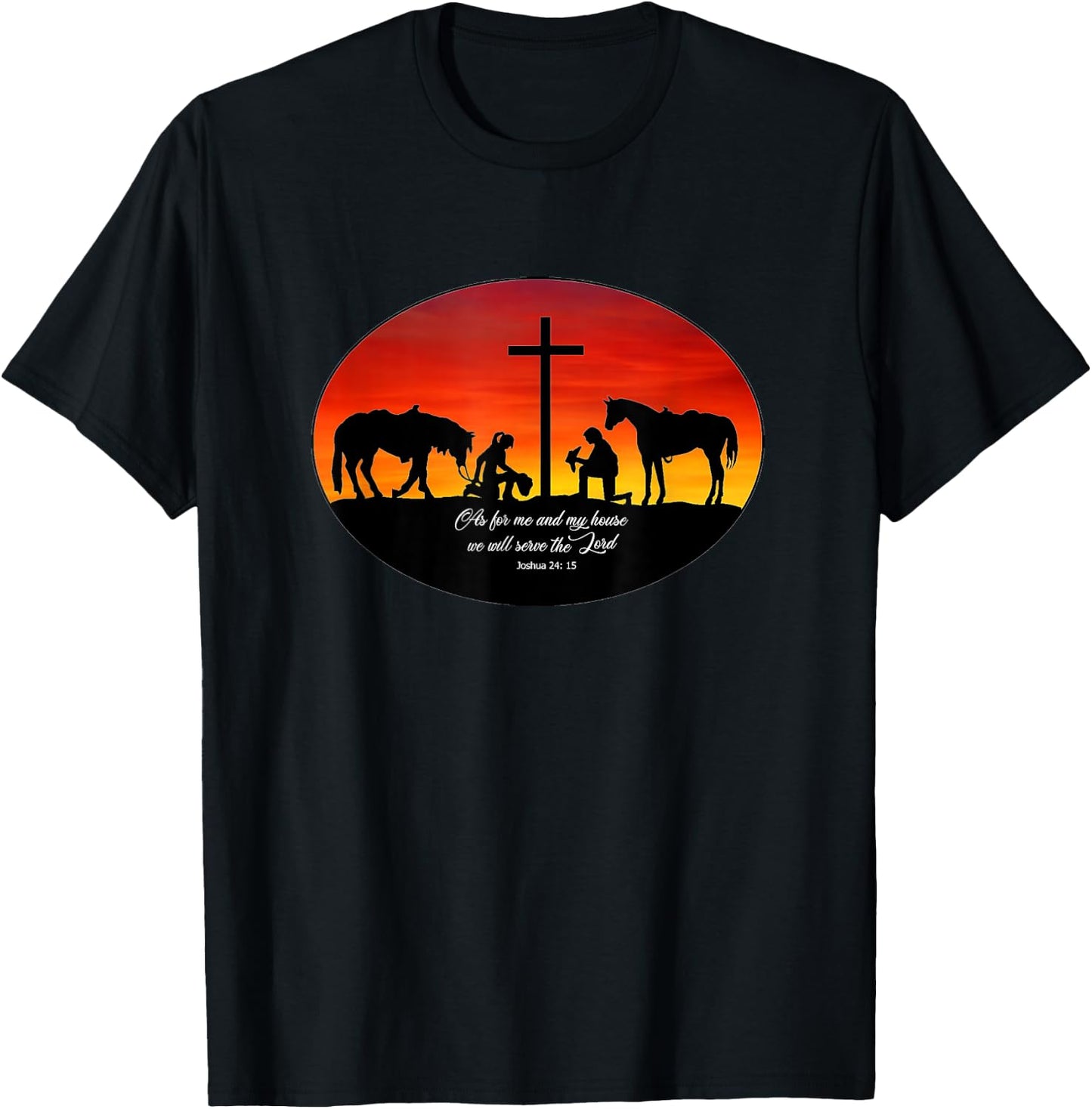 2 Cowhands praying at the Cross sunset. Christian Cowboy T-Shirt - T-Shirt | Black