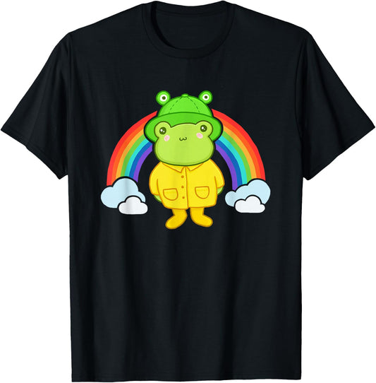 Cute Frog with Hat Rainbow Kawaii Aesthetic Cottagecore Frog T-Shirt - T-Shirt | Black