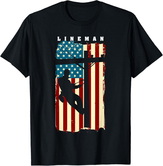 Lineman American Flag | Electric Cable Lineman Gift T-Shirt - T-Shirt | Black