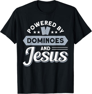 Gift For Mexican Train & Play Domino Powered By Dominoes And Jesus Classic Dominoes T-Shirt - T-Shirt | Black
