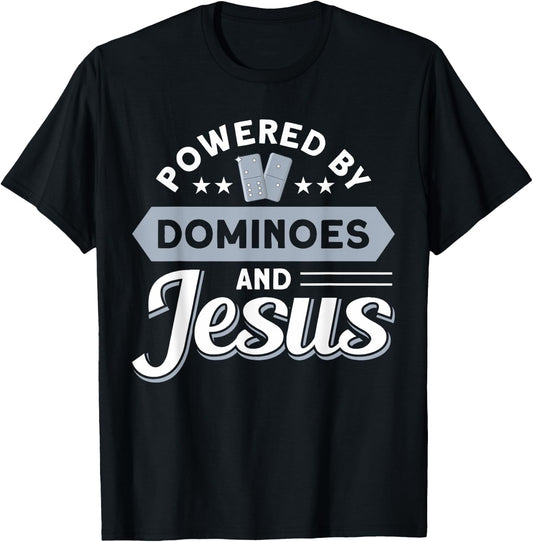 Gift For Mexican Train & Play Domino Powered By Dominoes And Jesus Classic Dominoes T-Shirt - T-Shirt | Black
