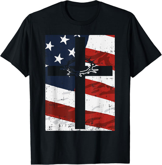 Cross American Flag Thorn God Jesus Faith Christian Gift T-Shirt - T-Shirt | Black