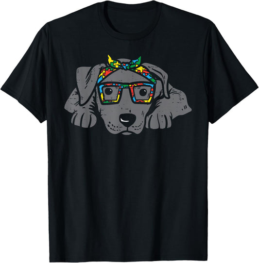 Pitbull Puzzle Bandana Glasses Autism Awareness Pitties Dog T-Shirt - T-Shirt | Black