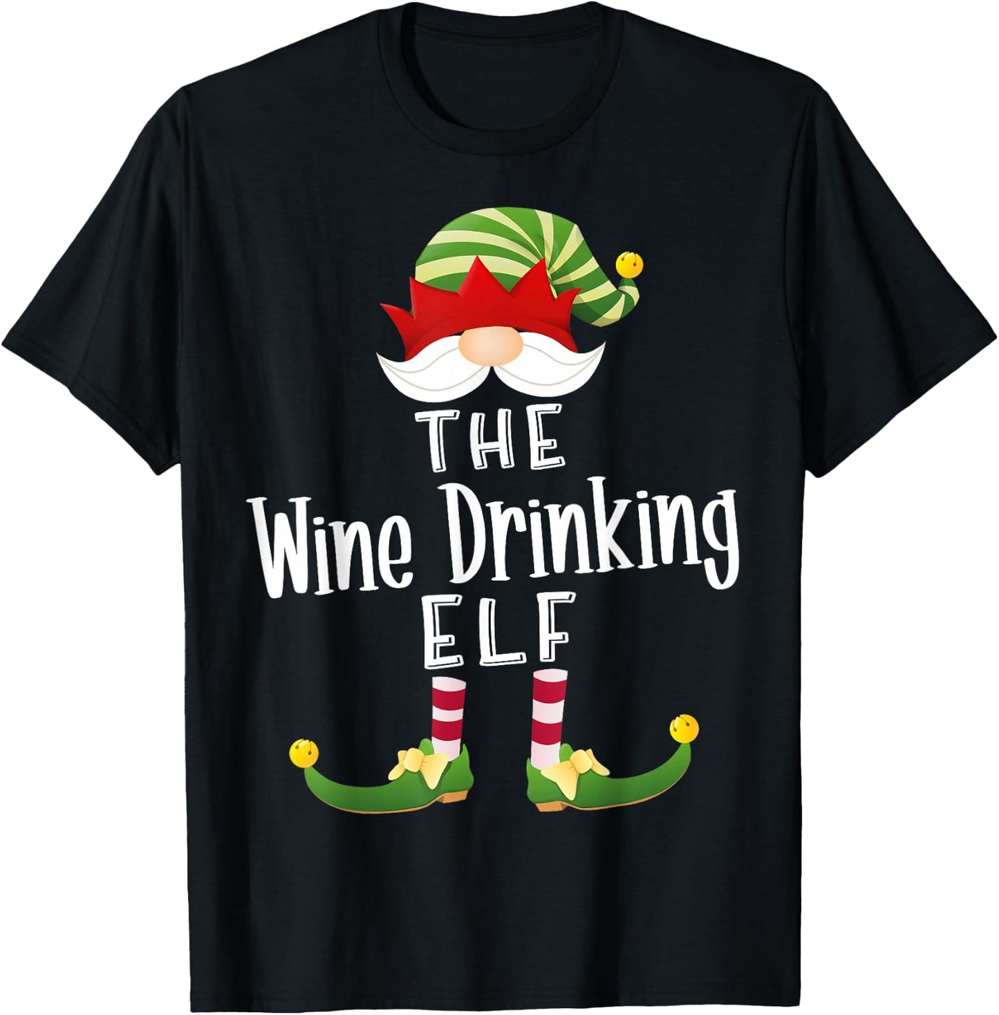 Wine Drinking Elf Group Christmas Funny Pajama Party T-Shirt - T-Shirt | Black
