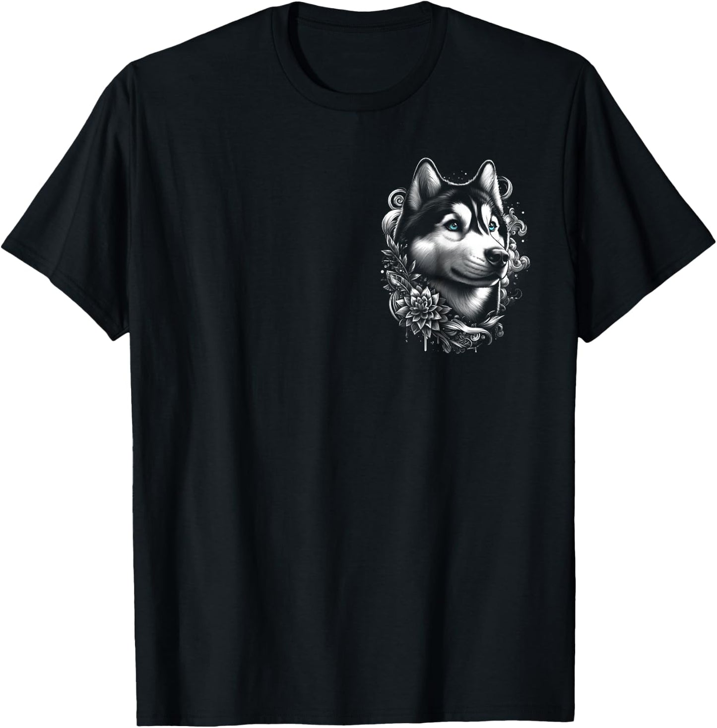 MyAnimal - Your Favourite Animal Wear Cool Husky with Blue Eyes and Flowers Decoration on Chest , Small T-Shirt - T-Shirt | Black