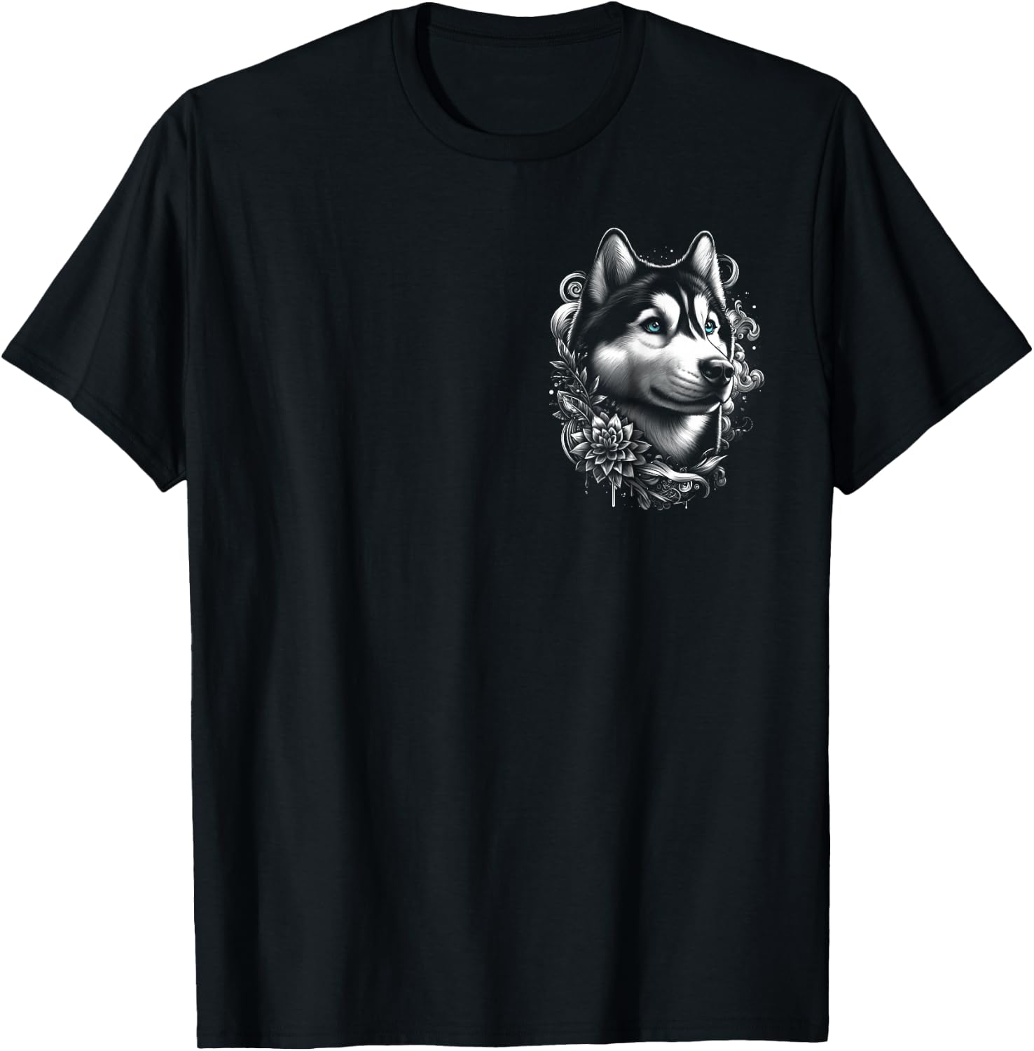 MyAnimal - Your Favourite Animal Wear Cool Husky with Blue Eyes and Flowers Decoration on Chest , Small T-Shirt - T-Shirt | Black