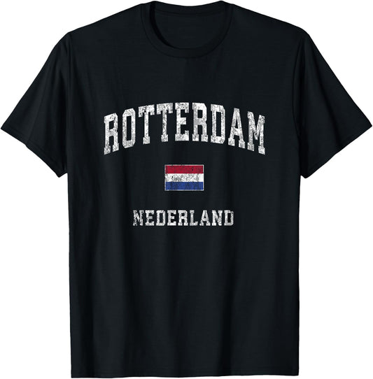 Rotterdam Netherlands Vintage Athletic Sports Design T-Shirt - T-Shirt | Black