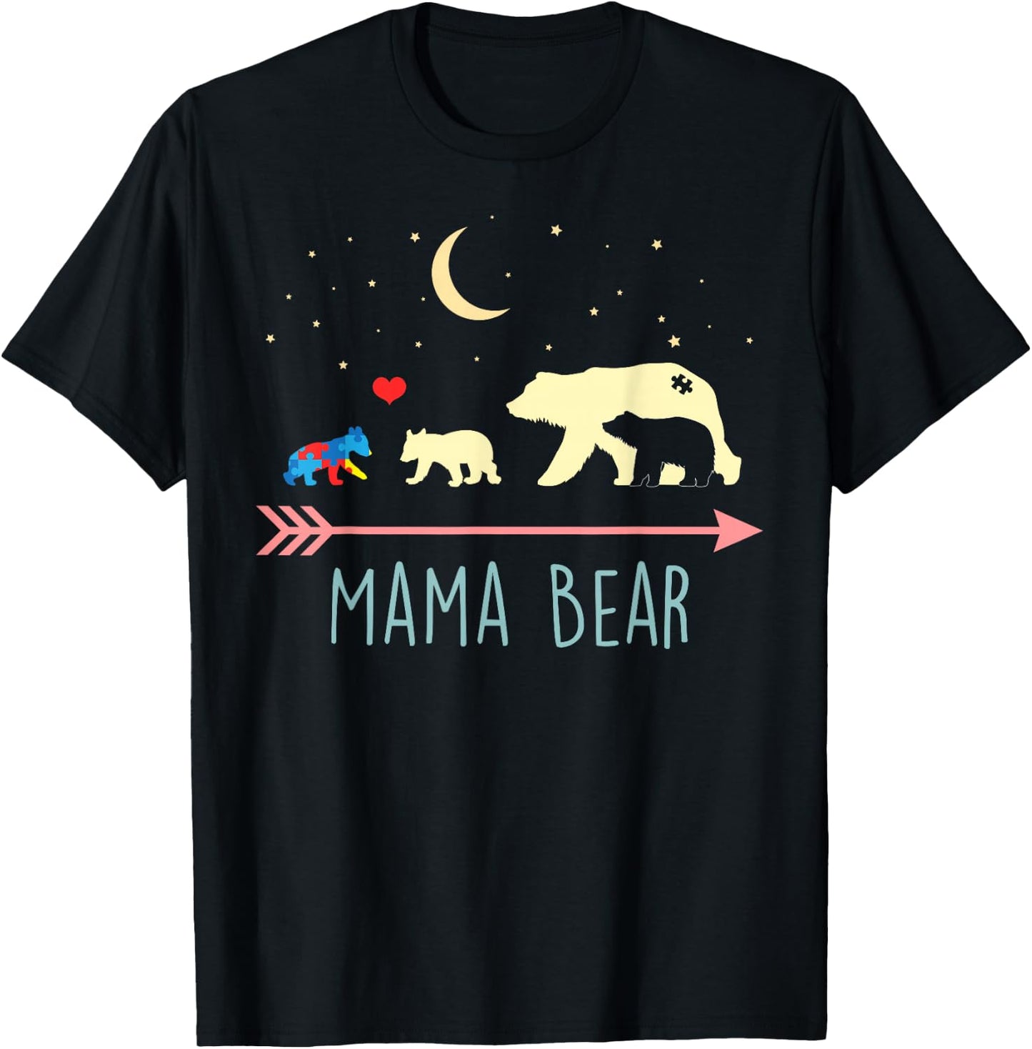 Autism Awareness Mama Bear with 3 Cubs T-Shirt - T-Shirt | Black