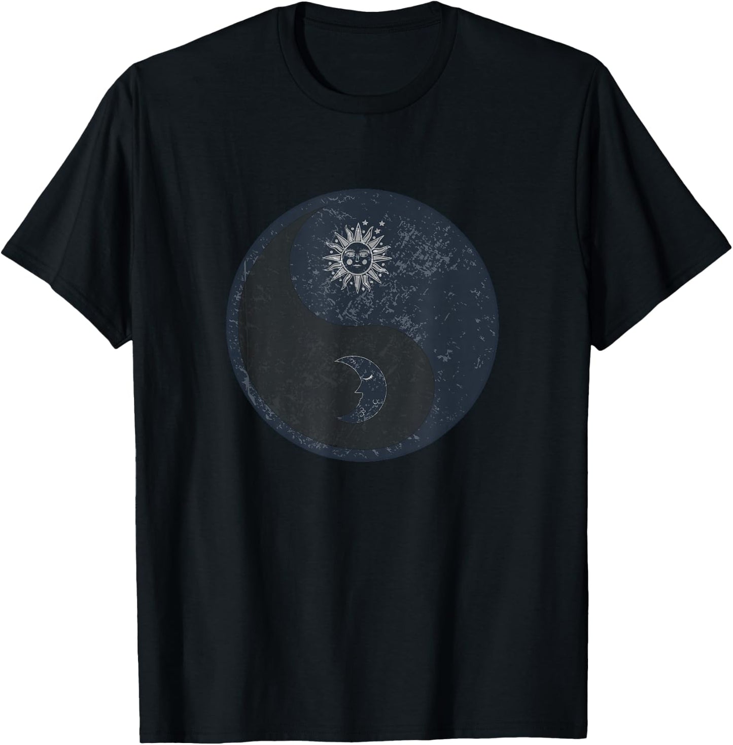 Meditation Yin Yang Sun Moon Distressed T-Shirt - T-Shirt | Black