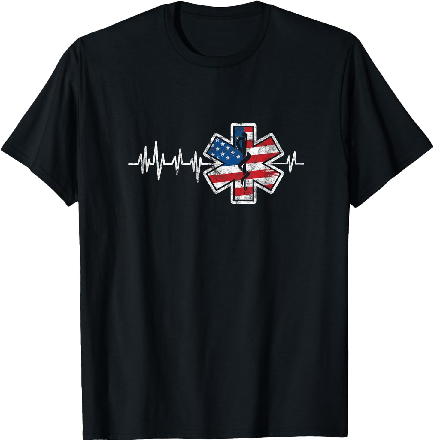 EMS Emergency Medical Service USA Flag Heartbeat 4th of July T-Shirt - T-Shirt | Black