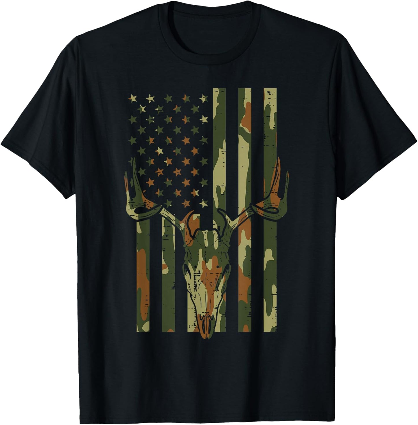 Camo US Flag Deer Skull Vintage Hunting Patriotic Hunt Dad T-Shirt - T-Shirt | Black