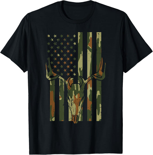 Camo US Flag Deer Skull Vintage Hunting Patriotic Hunt Dad T-Shirt - T-Shirt | Black