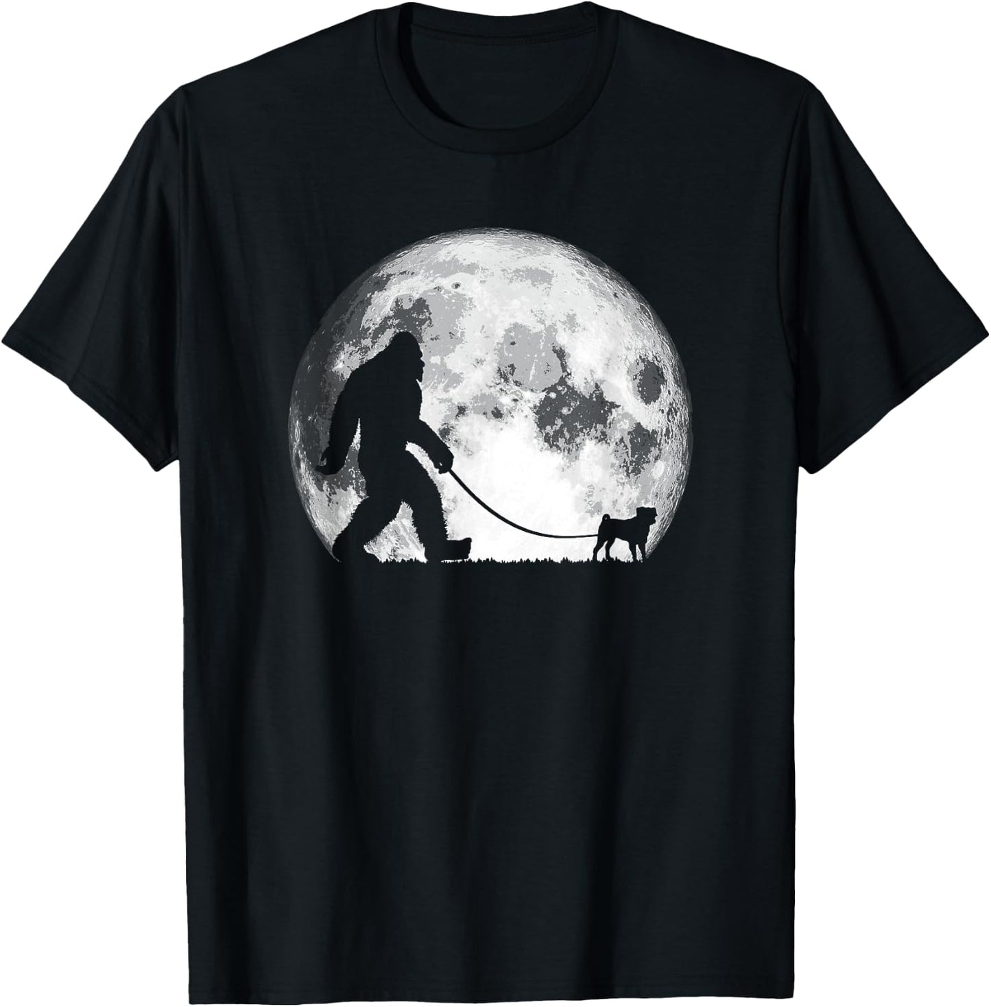 Bigfoot & Pug Funny Night Time Dog Walking Graphic T-Shirt - T-Shirt | Black