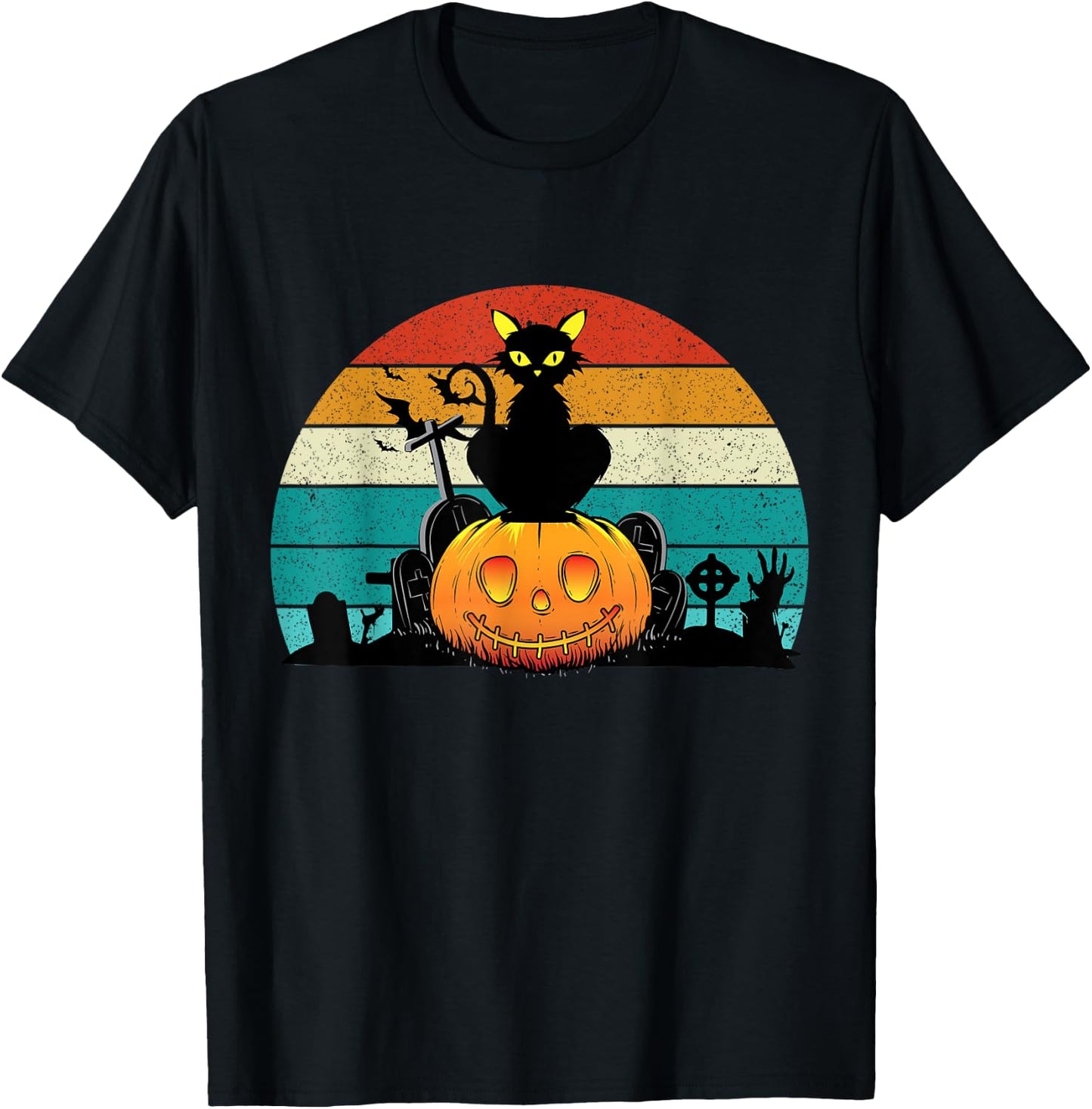 Vintage Scary Halloween Black Cat Costume Retro Moon Cat T-Shirt - T-Shirt | Black