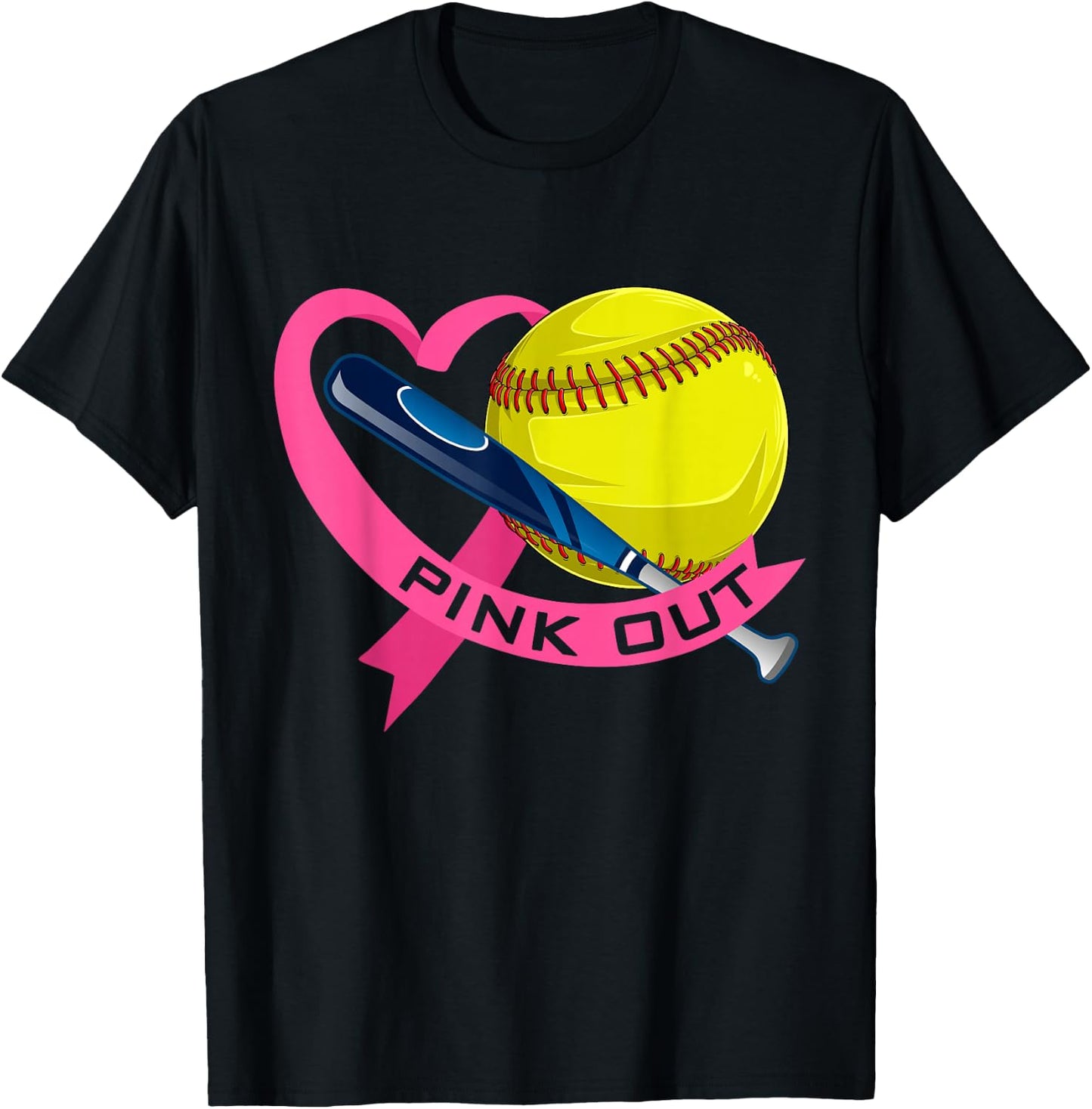 Pink Out Breast Cancer Pink Ribbon Heart With Softball Ball T-Shirt - T-Shirt | Black