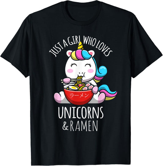 Just A Girl Who Loves Unicorns & Ramen Japanese Anime Otaku T-Shirt - T-Shirt | Black