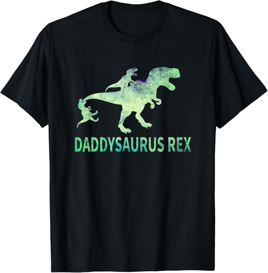Daddysaurus T Rex Dinosaur Daddy Saurus Dad 2 Two Kids Dino T-Shirt - T-Shirt | Black